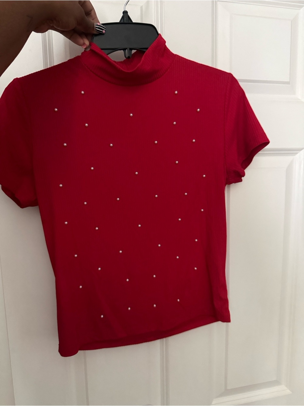 Women's Red Mock Neck Short Sleeve Top with Pearl Embellishments